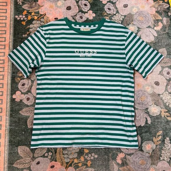 Guess Mens T-Shirt Medium Striped Short Sleeve 90s Y2K Spellout Embroidered Blue - Picture 6 of 10